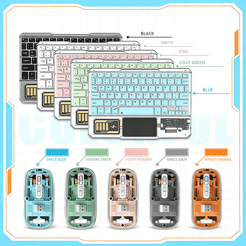 Mechanical Street Style Wireless Keyboard and Mouse That Features Transparent Acrylic Design, RGB Backlighting, And Multi-touch Touchpad.Support 10-inch Compact Mini Size with Triple-channel Connectivity.Simultaneously Pairs with Phone