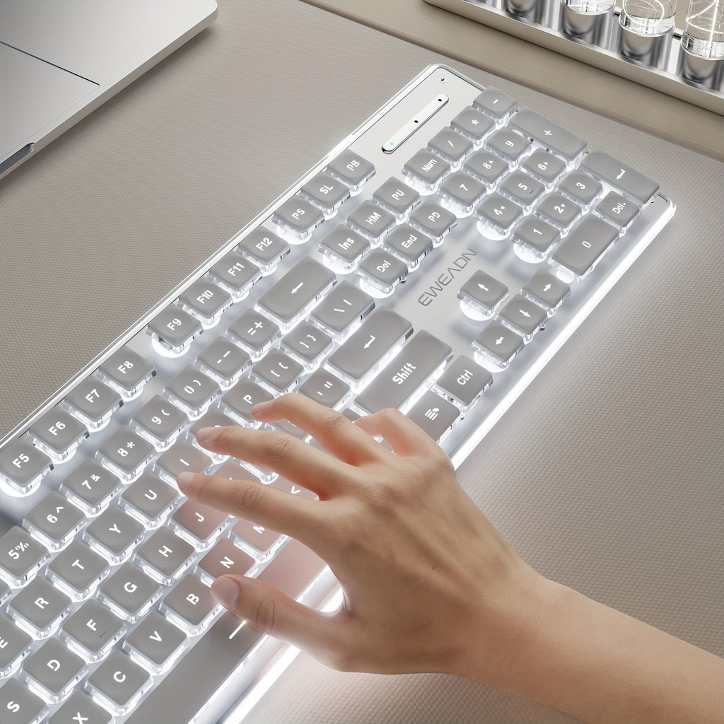 EWEADN GX710S Illuminated Computer Keyboards, Wired USB Keyboard Featuring White Backlighting, Metal Surface, Easy Plug And Play, Pudding Keycaps Full Size Silent Computer Keyboard for Windows\u002FPc\u002FLaptop - White