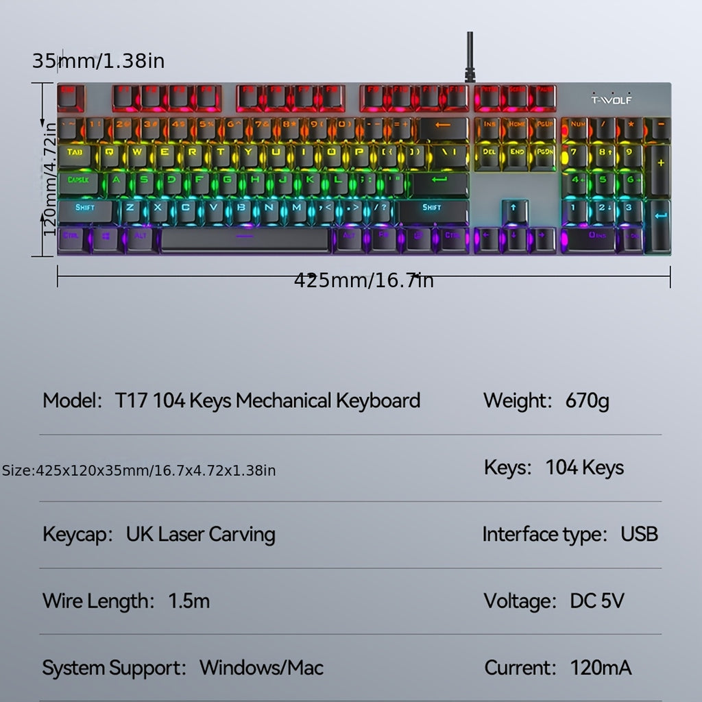 Gaming Mechanical Keyboard, Wired RGB Backlit, Metal Plate, Cherry MX Blue Switch, 104-Key Full-Size Layout, 26 Non-Conflict Keys, Laser-Engraved Keycaps