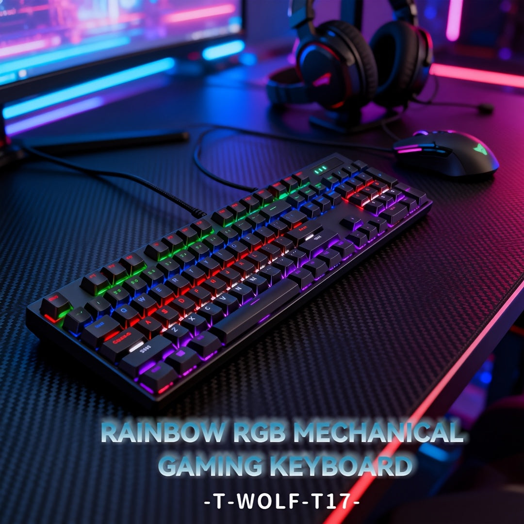 Gaming Mechanical Keyboard, Wired RGB Backlit, Metal Plate, Cherry MX Blue Switch, 104-Key Full-Size Layout, 26 Non-Conflict Keys, Laser-Engraved Keycaps