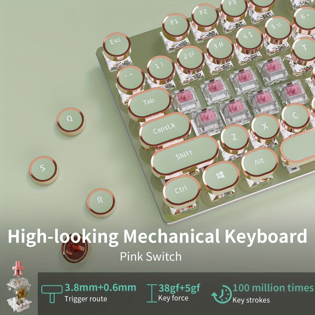 EWEADN Punk Typewriter Mechanical Gaming Keyboard, All-Metal Panel 104Keys Wired Retro Punk Round Keycaps with LED Backlit USB Wired Keyboards, Multimedia knob, Ergonomic Design for Game and Office, for Windows Laptop PC Green Peripherals