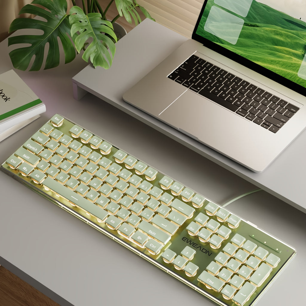 EWEADN V3 Wired Office Keyboard, Full Size 104 Quiet Keys, Comfortable Typing with Pudding-Style Keycaps, Durable All-Metal Panel, Soft LED Backlight, Ergonomic Design for Daily Work & Home Office Green