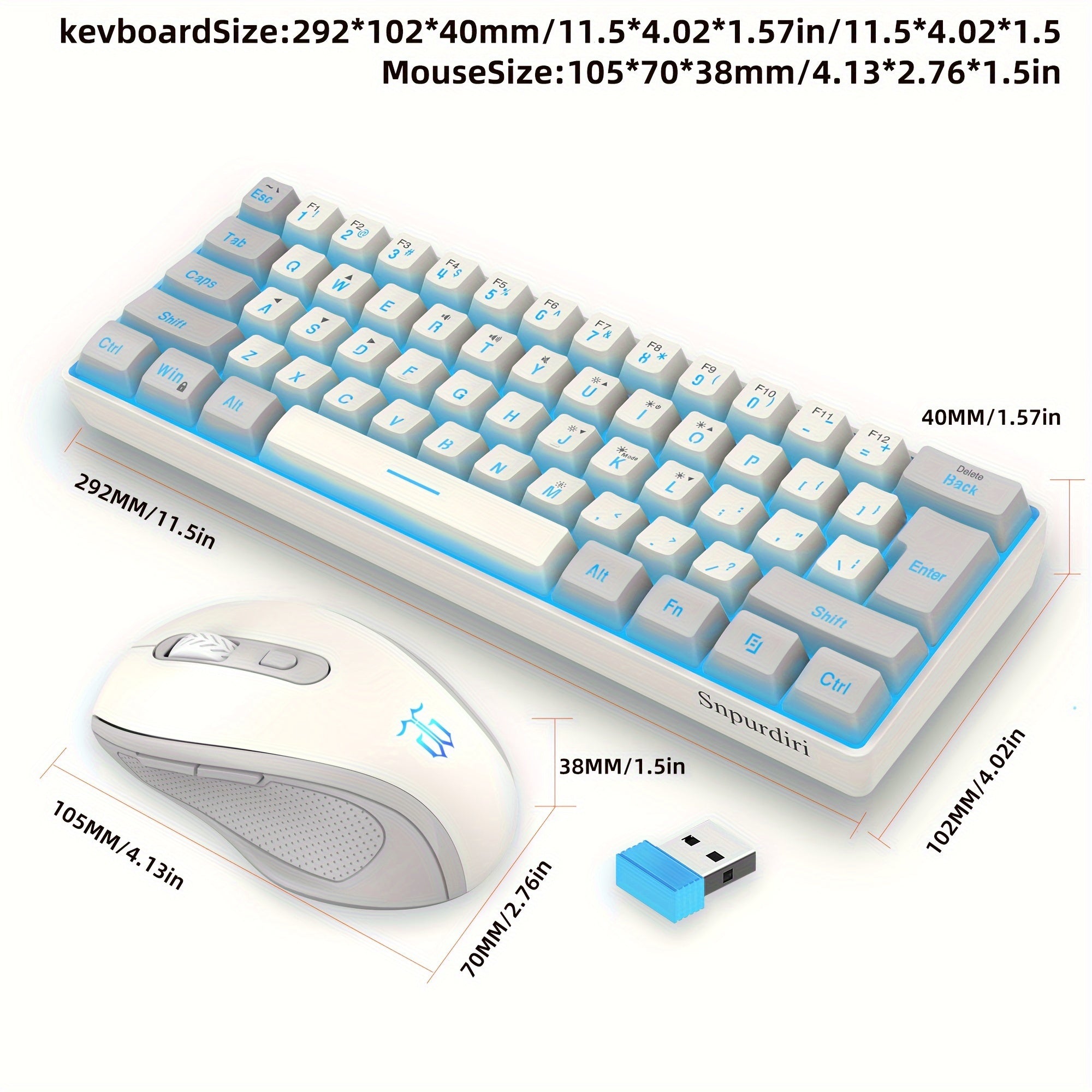 Snpurdiri 60% wireless game keyboard RGB lighting keyboard and 2.4 g wireless mouse combination, including 2.4 g mini mechanical touch keyboard, ergonomic design rechargeable