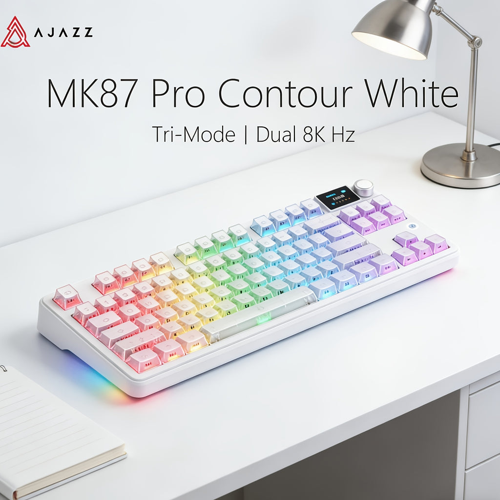 AJAZZ MK87 Pro (Dual 8K Edition)87-key Compact Layout, Soft And Bouncy Typing Feel 1.14-inch Pluggable TFT Color Screen + Metal Volume Knob Tri-mode Connection RGB Lighting Creates A Strong Ambient Effect Under The Transparent Keycaps