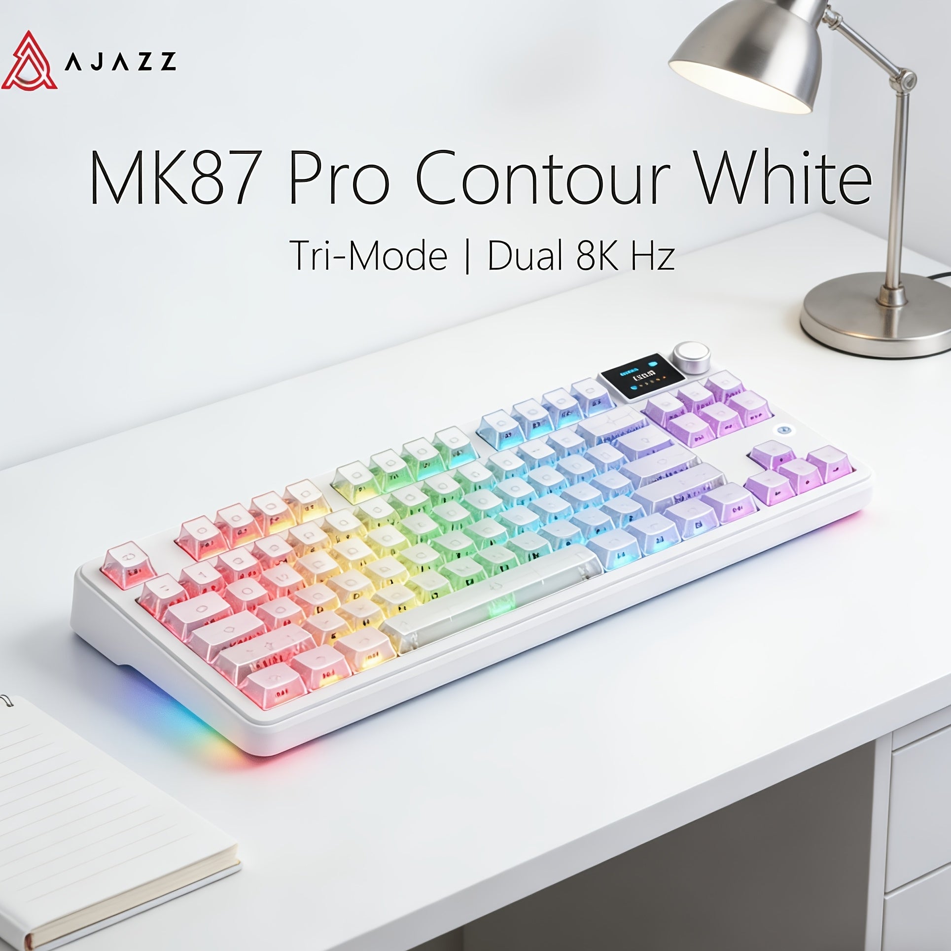 AJAZZ MK87 Pro (Dual 8K Edition)87-key Compact Layout, Soft And Bouncy Typing Feel 1.14-inch Pluggable TFT Color Screen + Metal Volume Knob Tri-mode Connection RGB Lighting Creates A Strong Ambient Effect Under The Transparent Keycaps
