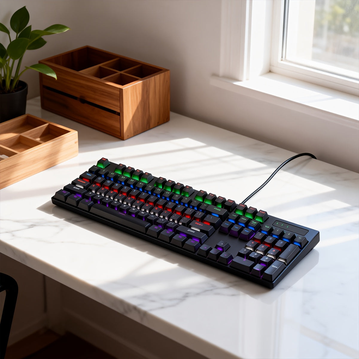 Gaming Mechanical Keyboard, Wired RGB Backlit, Metal Plate, Cherry MX Blue Switch, 104-Key Full-Size Layout, 26 Non-Conflict Keys, Laser-Engraved Keycaps