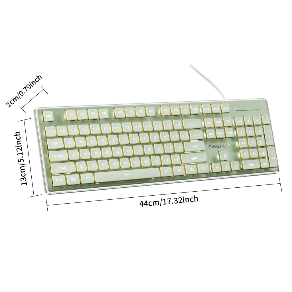 EWEADN V3 Wired Office Keyboard, Full Size 104 Quiet Keys, Comfortable Typing with Pudding-Style Keycaps, Durable All-Metal Panel, Soft LED Backlight, Ergonomic Design for Daily Work & Home Office Green