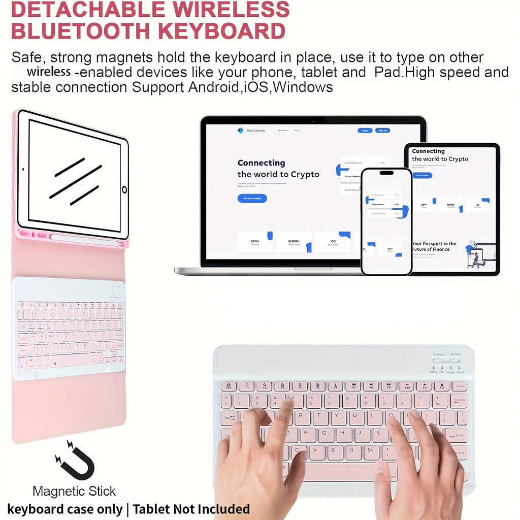Tablet Case with Keyboard, Magnetic Detachable Wireless Keyboard, Flip Stand Case with Pencil Holder, Support 3 System, for iPad