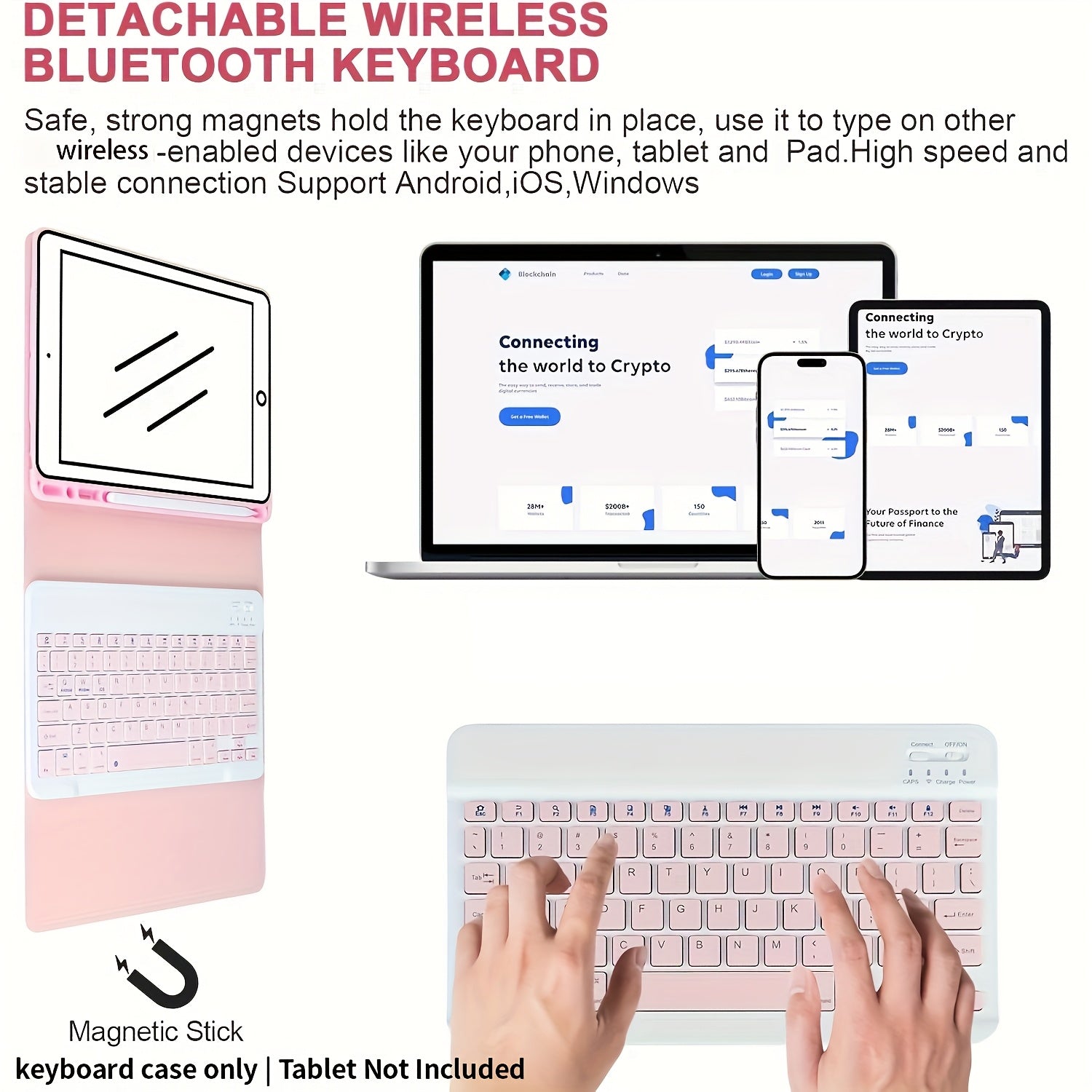 Tablet Case with Keyboard, Magnetic Detachable Wireless Keyboard, Flip Stand Case with Pencil Holder, Support 3 System, for iPad