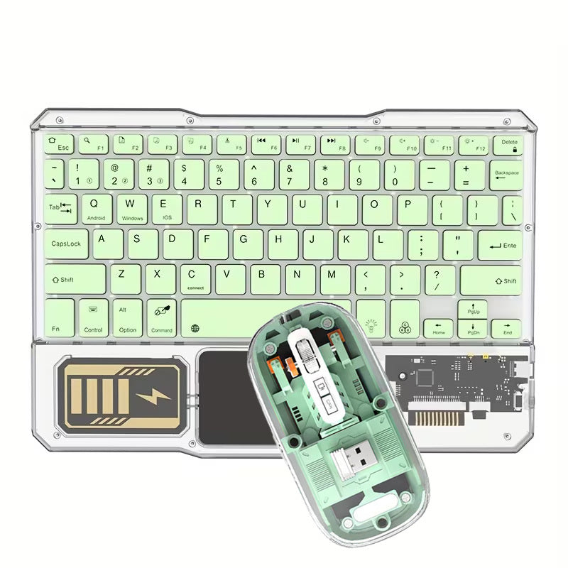 Mechanical Street Style Wireless Keyboard and Mouse That Features Transparent Acrylic Design, RGB Backlighting, And Multi-touch Touchpad.Support 10-inch Compact Mini Size with Triple-channel Connectivity.Simultaneously Pairs with Phone