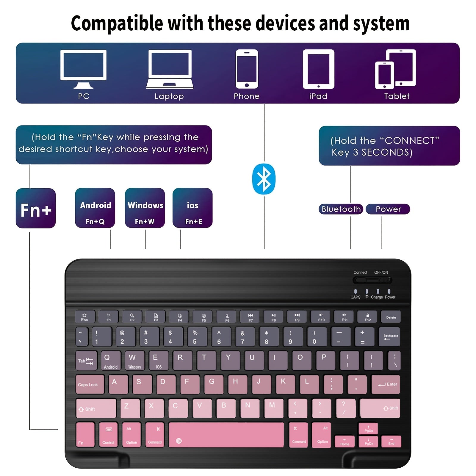 Ultra-Slim Rechargeable Wireless Keyboard | Compact Wireless Keyboard, 150mAh Battery, Compatible with Samsung Galaxy Tab, Android, Windows, Smartphones, IOS, IPad, Black Pink Gradient