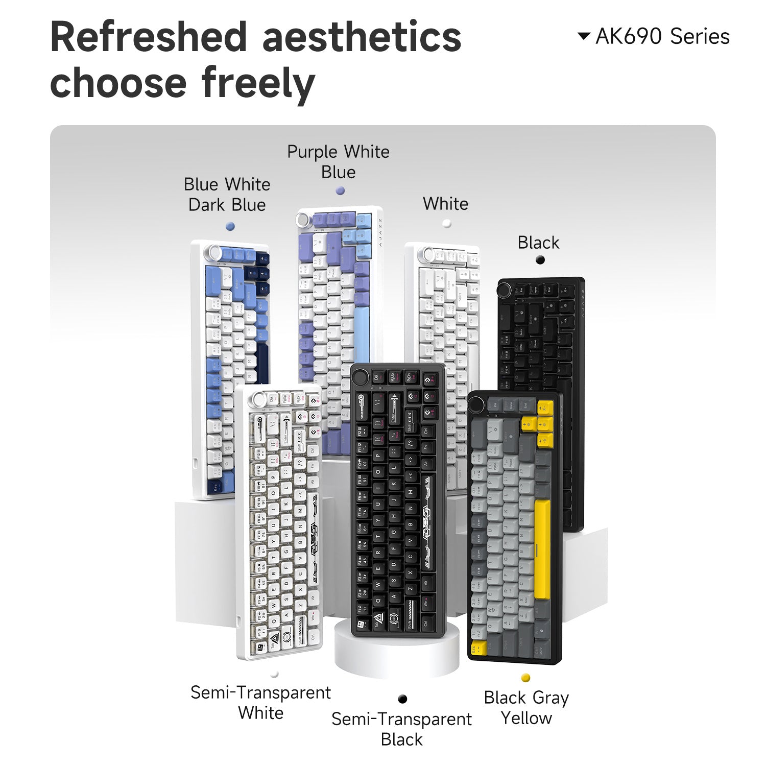AJAZZ AK690 Mechanical Keyboard, Full Hot-Swappable, Multi-Function Metal Knob, Semi-Transparent Keycaps, Three-Axis Options