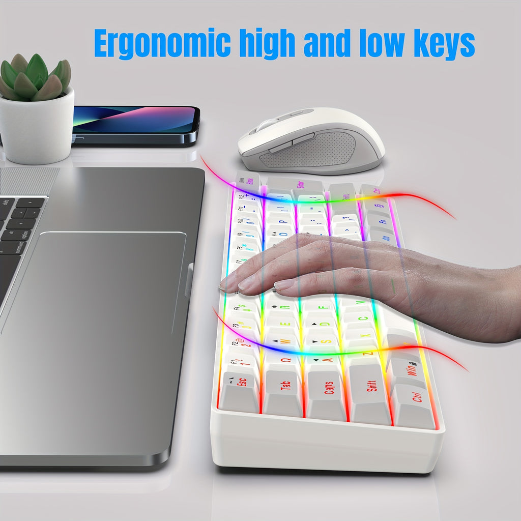 Snpurdiri'S 60% Wireless Gaming Keyboard Features RGB Lighting And Comes with a 2.4G Wireless Mouse. It Includes a Compact Mechanical Touch Keyboard with an Ergonomic Design And Is Rechargeable