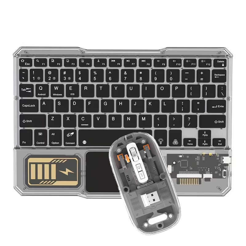 Mechanical Street Style Wireless Keyboard and Mouse That Features Transparent Acrylic Design, RGB Backlighting, And Multi-touch Touchpad.Support 10-inch Compact Mini Size with Triple-channel Connectivity.Simultaneously Pairs with Phone