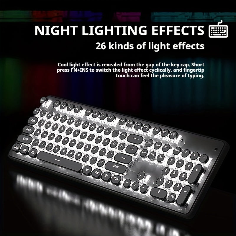 EWEADN Punk Typewriter Mechanical Gaming Keyboard • All-Metal Panel • 104Keys Wired • Punk Round Keycaps with LED Backlit • USB Wired Keyboards for Game and Office • for Windows Laptop PC • White Blue Switches