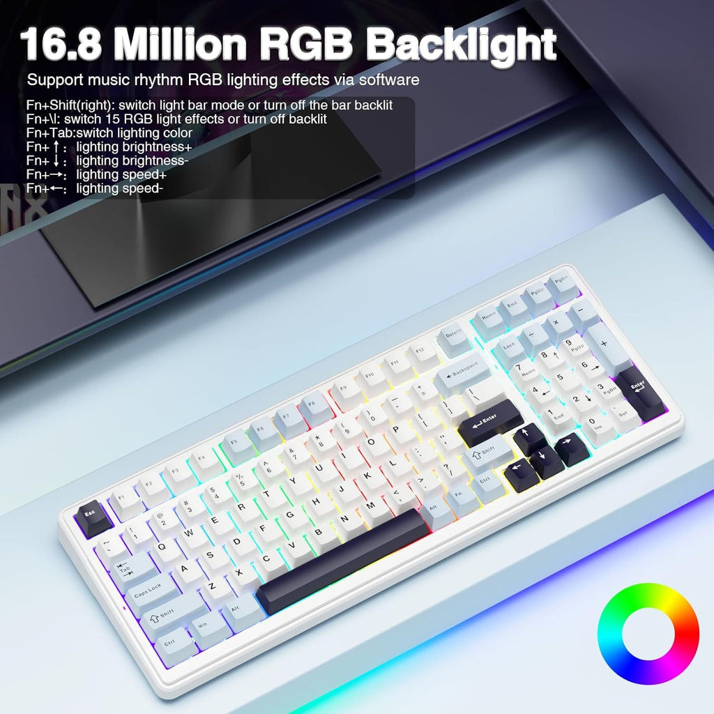 AULA F99 Mechanical Gaming Keyboard, 99 Keys, 2.4G Wireless & Wired Hot Swap, RGB Backlit, PBT Gasket, USB Rechargeable, for PC & Laptop, Typing-Optimized, Universal, Ideal Gift - Blue\u002FWhite