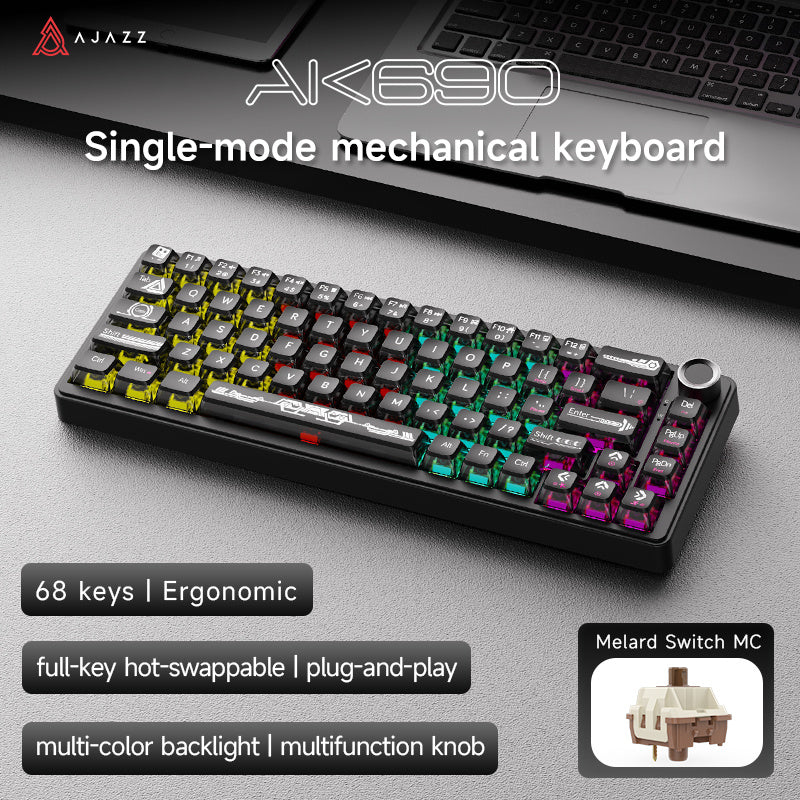 AJAZZ AK690 Mechanical Keyboard, Full Hot-Swappable, Multi-Function Metal Knob, Semi-Transparent Keycaps, Three-Axis Options