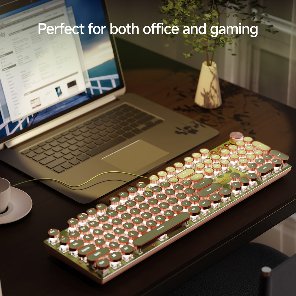 EWEADN Punk Typewriter Mechanical Gaming Keyboard, All-Metal Panel 104Keys Wired Retro Punk Round Keycaps with LED Backlit USB Wired Keyboards, Multimedia knob, Ergonomic Design for Game and Office, for Windows Laptop PC Green Peripherals
