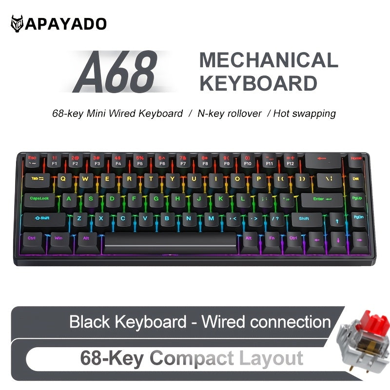 APAYADO A68 Mechanical Keyboard \u002F Compact 65% Layout \u002F Hot-Swappable 68-Key Design \u002F RGB Cool Lighting \u002F Suitable for Gamers \u002F Wired USB Connection