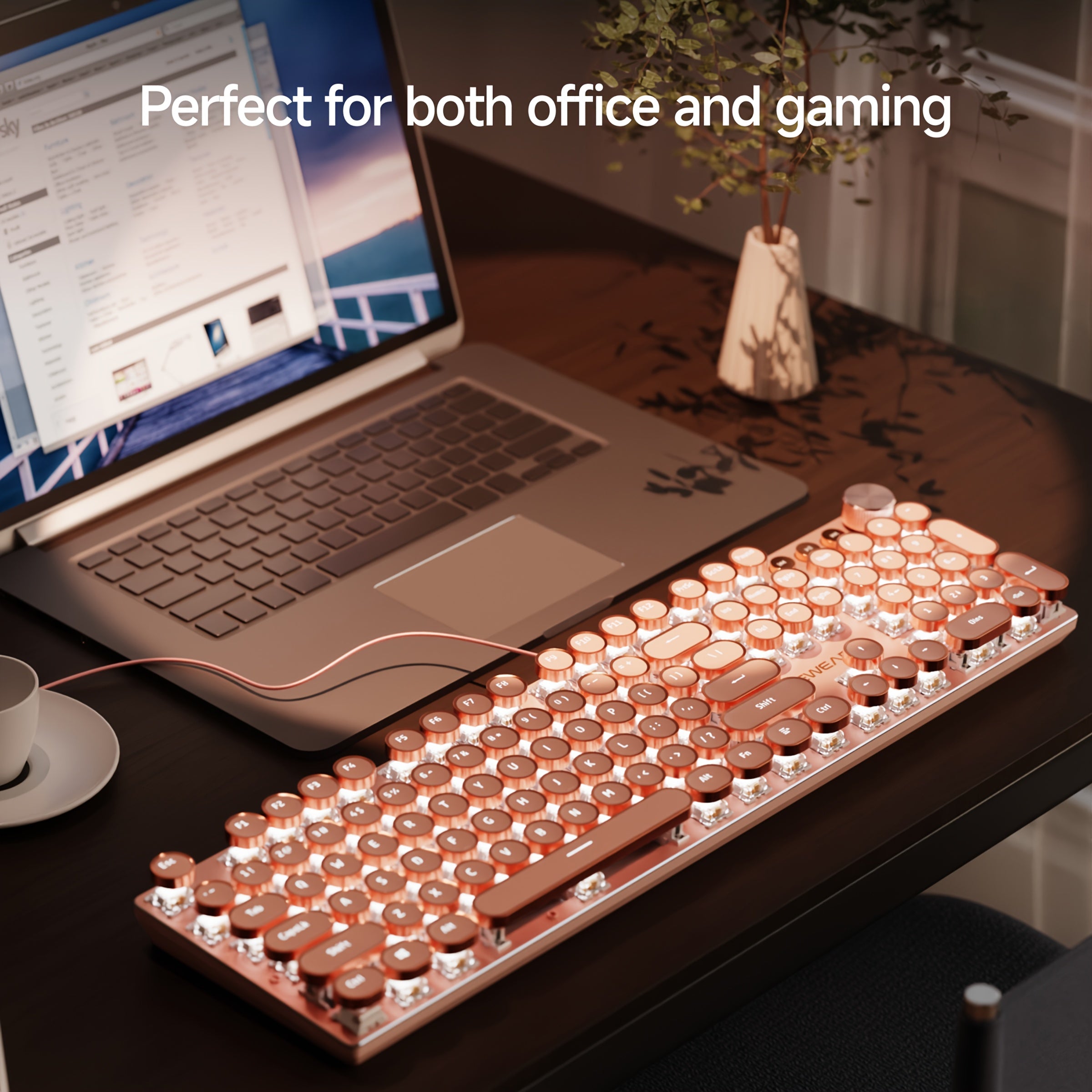 EWEADN Mechanical Gaming Keyboard, Typewriter Style Retro 104 Keys Punk Wired, Full Size LED Backlit With Multimedia Knob, Ergonomic Design, For Windows Laptop PC\u002FTablet, For Game And Office