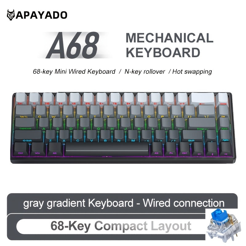 APAYADO A68 Mechanical Keyboard \u002F Compact 65% Layout \u002F Hot-Swappable 68-Key Design \u002F RGB Cool Lighting \u002F Suitable for Gamers \u002F Wired USB Connection