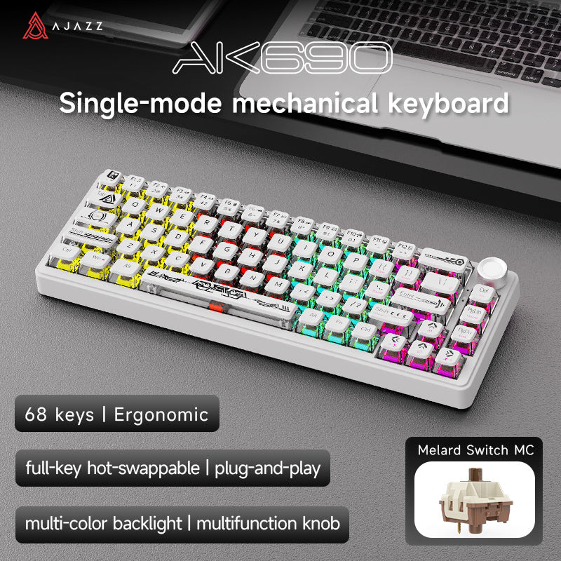 AJAZZ AK690 Mechanical Keyboard, Full Hot-Swappable, Multi-Function Metal Knob, Semi-Transparent Keycaps, Three-Axis Options