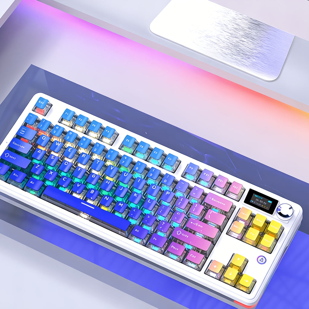 AJAZZ MK87 Pro (Dual 8K Edition)87-key Compact Layout, Soft And Bouncy Typing Feel 1.14-inch Pluggable TFT Color Screen + Metal Volume Knob Tri-mode Connection RGB Lighting Creates A Strong Ambient Effect Under The Transparent Keycaps