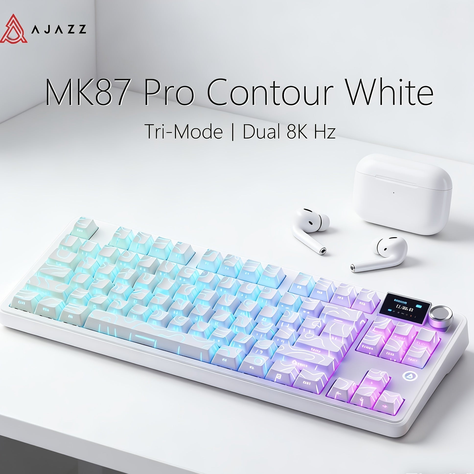 AJAZZ MK87 Pro (Dual 8K Edition)87-key Compact Layout, Soft And Bouncy Typing Feel 1.14-inch Pluggable TFT Color Screen + Metal Volume Knob Tri-mode Connection RGB Lighting Creates A Strong Ambient Effect Under The Transparent Keycaps