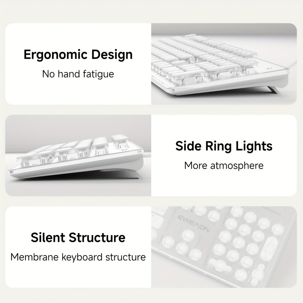 EWEADN GX710S Illuminated Computer Keyboards, Wired USB Keyboard Featuring White Backlighting, Metal Surface, Easy Plug And Play, Pudding Keycaps Full Size Silent Computer Keyboard for Windows\u002FPc\u002FLaptop - White