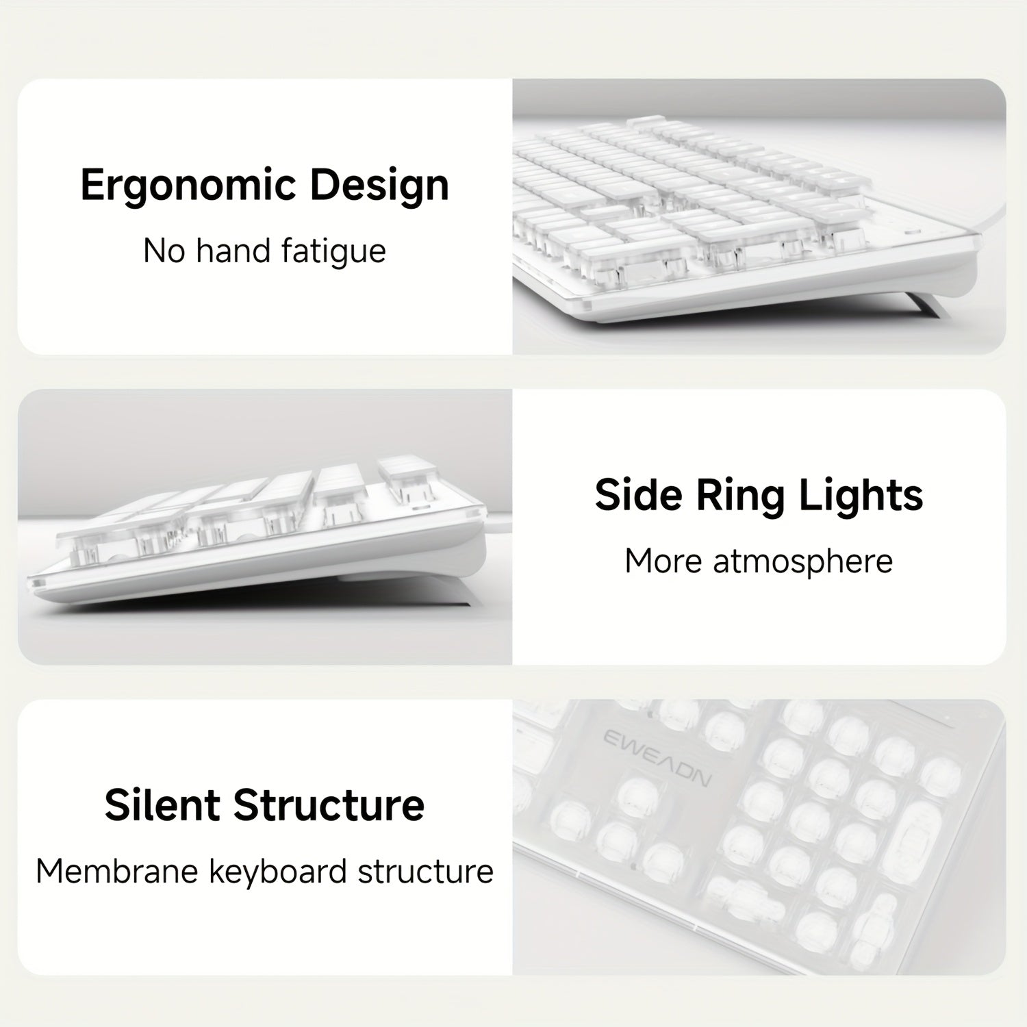 EWEADN GX710S Illuminated Computer Keyboards, Wired USB Keyboard Featuring White Backlighting, Metal Surface, Easy Plug And Play, Pudding Keycaps Full Size Silent Computer Keyboard for Windows\u002FPc\u002FLaptop - White