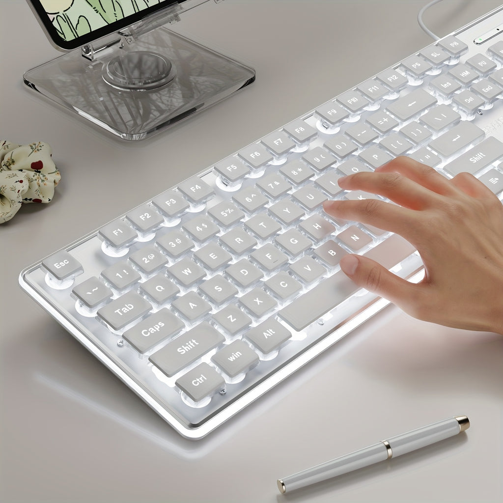 EWEADN GX710S Illuminated Computer Keyboards, Wired USB Keyboard Featuring White Backlighting, Metal Surface, Easy Plug And Play, Pudding Keycaps Full Size Silent Computer Keyboard for Windows\u002FPc\u002FLaptop - White