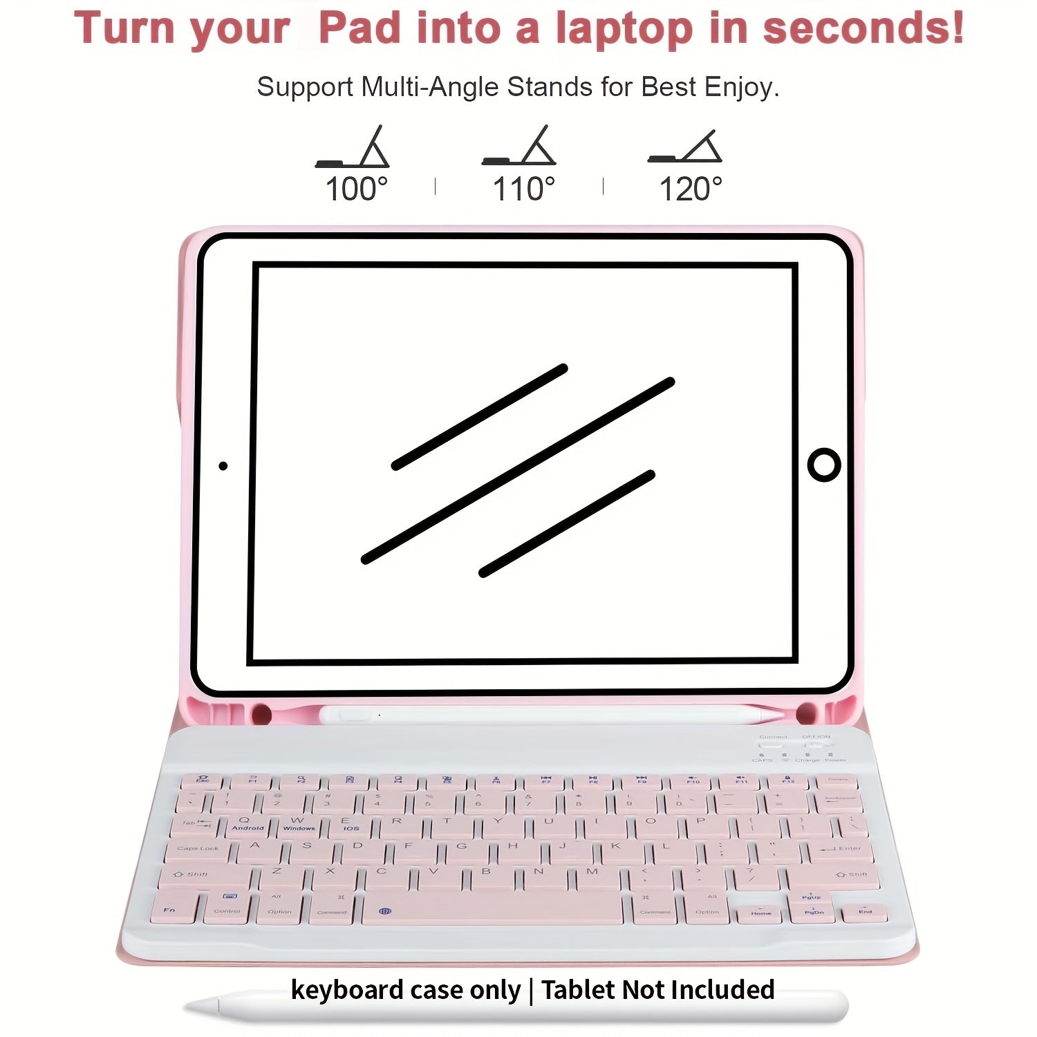 Tablet Case with Keyboard, Magnetic Detachable Wireless Keyboard, Flip Stand Case with Pencil Holder, Support 3 System, for iPad