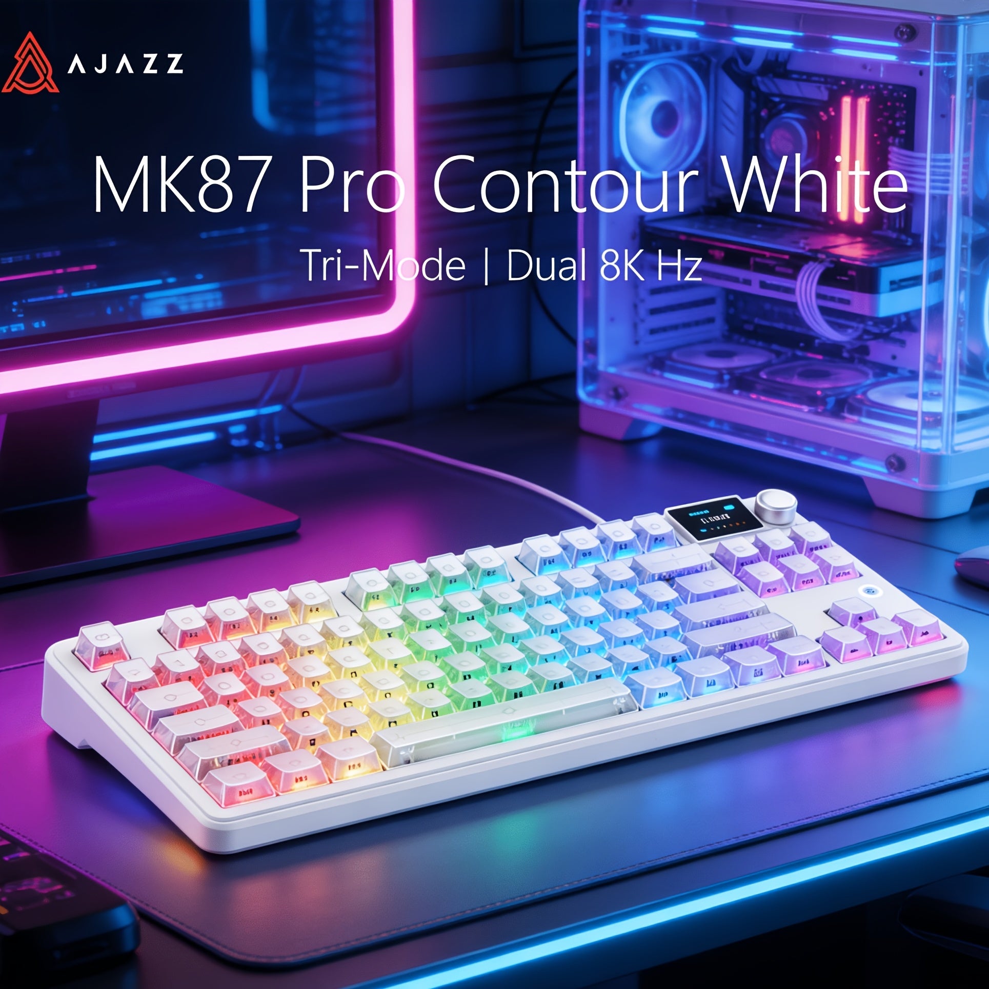 AJAZZ MK87 Pro (Dual 8K Edition)87-key Compact Layout, Soft And Bouncy Typing Feel 1.14-inch Pluggable TFT Color Screen + Metal Volume Knob Tri-mode Connection RGB Lighting Creates A Strong Ambient Effect Under The Transparent Keycaps