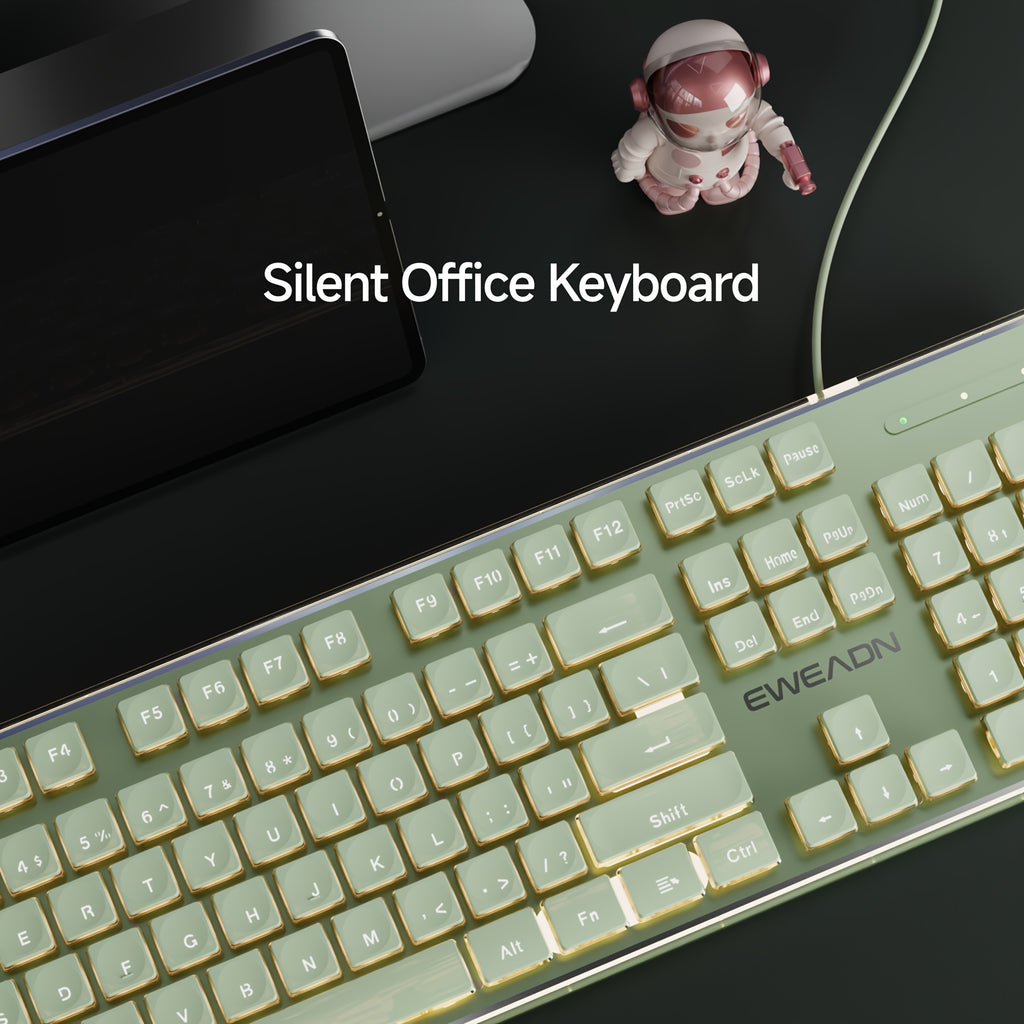 EWEADN V3 Wired Office Keyboard, Full Size 104 Quiet Keys, Comfortable Typing with Pudding-Style Keycaps, Durable All-Metal Panel, Soft LED Backlight, Ergonomic Design for Daily Work & Home Office Green