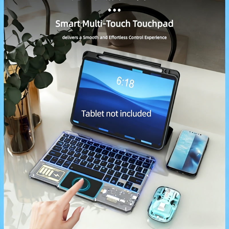 Mechanical Street Style Wireless Keyboard and Mouse That Features Transparent Acrylic Design, RGB Backlighting, And Multi-touch Touchpad.Support 10-inch Compact Mini Size with Triple-channel Connectivity.Simultaneously Pairs with Phone