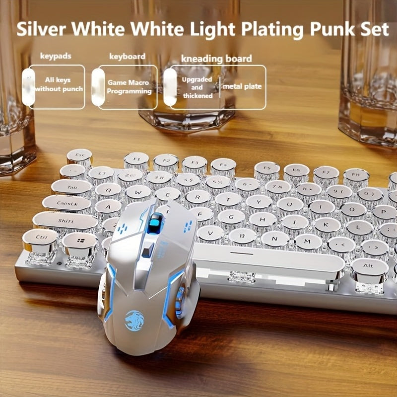 Typewriter Mechanical Gaming Keyboard And Mouse Combo | Full Metal Panel 104-Key Full-Size Numeric Keypad, Retro Punk Round Keycaps With Led Color Backlighting, Usb Wired Old-Style Keyboard, Windows Laptop Blue Switch (Blue) Christmas Gift