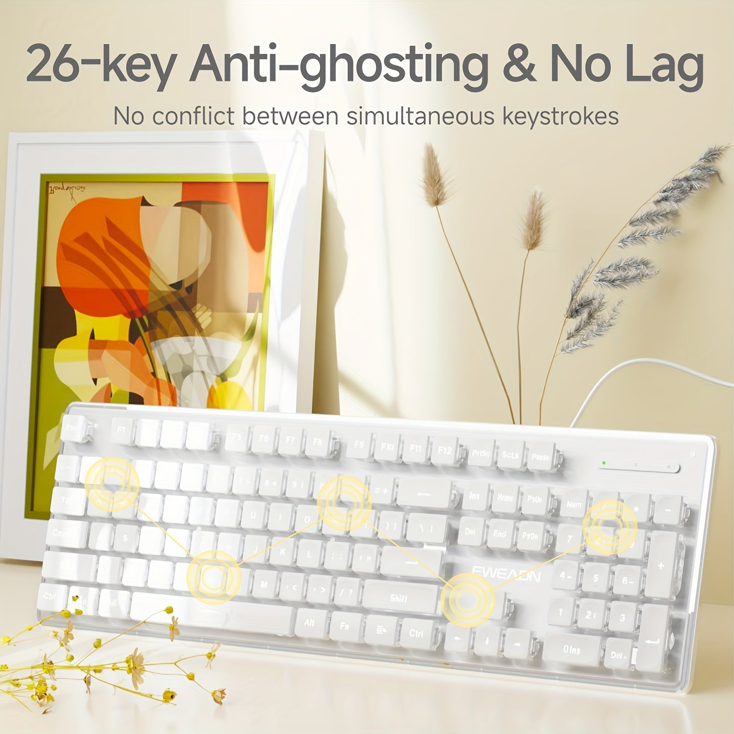 EWEADN GX710S Illuminated Computer Keyboards, Wired USB Keyboard Featuring White Backlighting, Metal Surface, Easy Plug And Play, Pudding Keycaps Full Size Silent Computer Keyboard for Windows\u002FPc\u002FLaptop - White