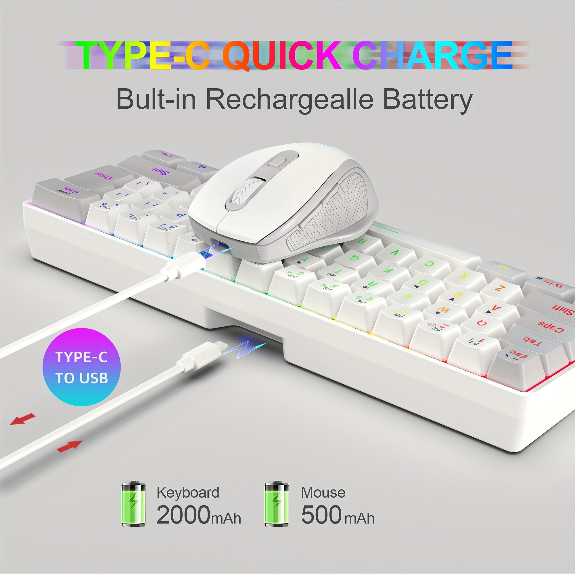 Snpurdiri 60% wireless game keyboard RGB lighting keyboard and 2.4 g wireless mouse combination, including 2.4 g mini mechanical touch keyboard, ergonomic design rechargeable