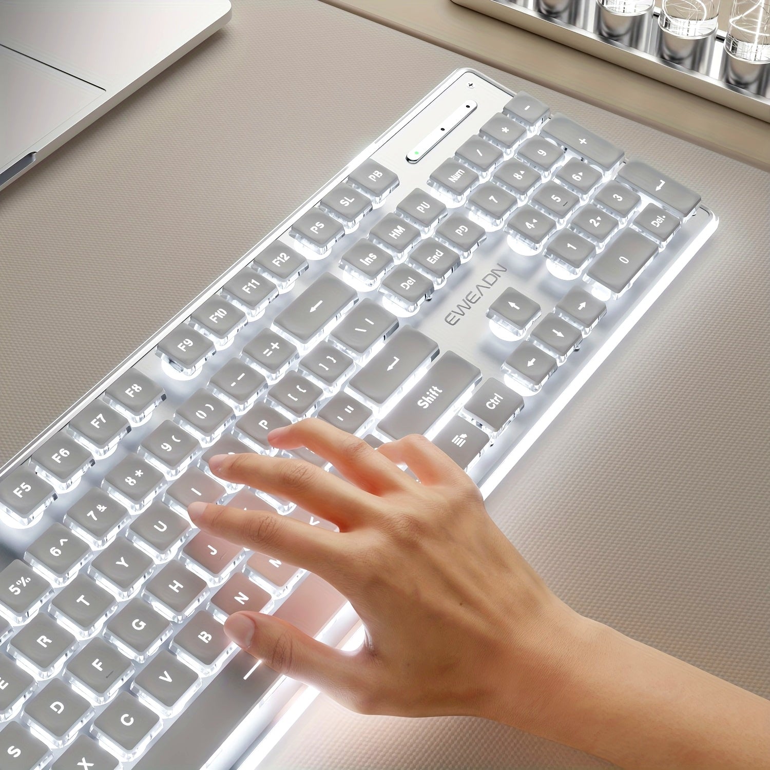 EWEADN GX710S Illuminated Computer Keyboards, Wired USB Keyboard Featuring White Backlighting, Metal Surface, Easy Plug And Play, Pudding Keycaps Full Size Silent Computer Keyboard for Windows\u002FPc\u002FLaptop - White