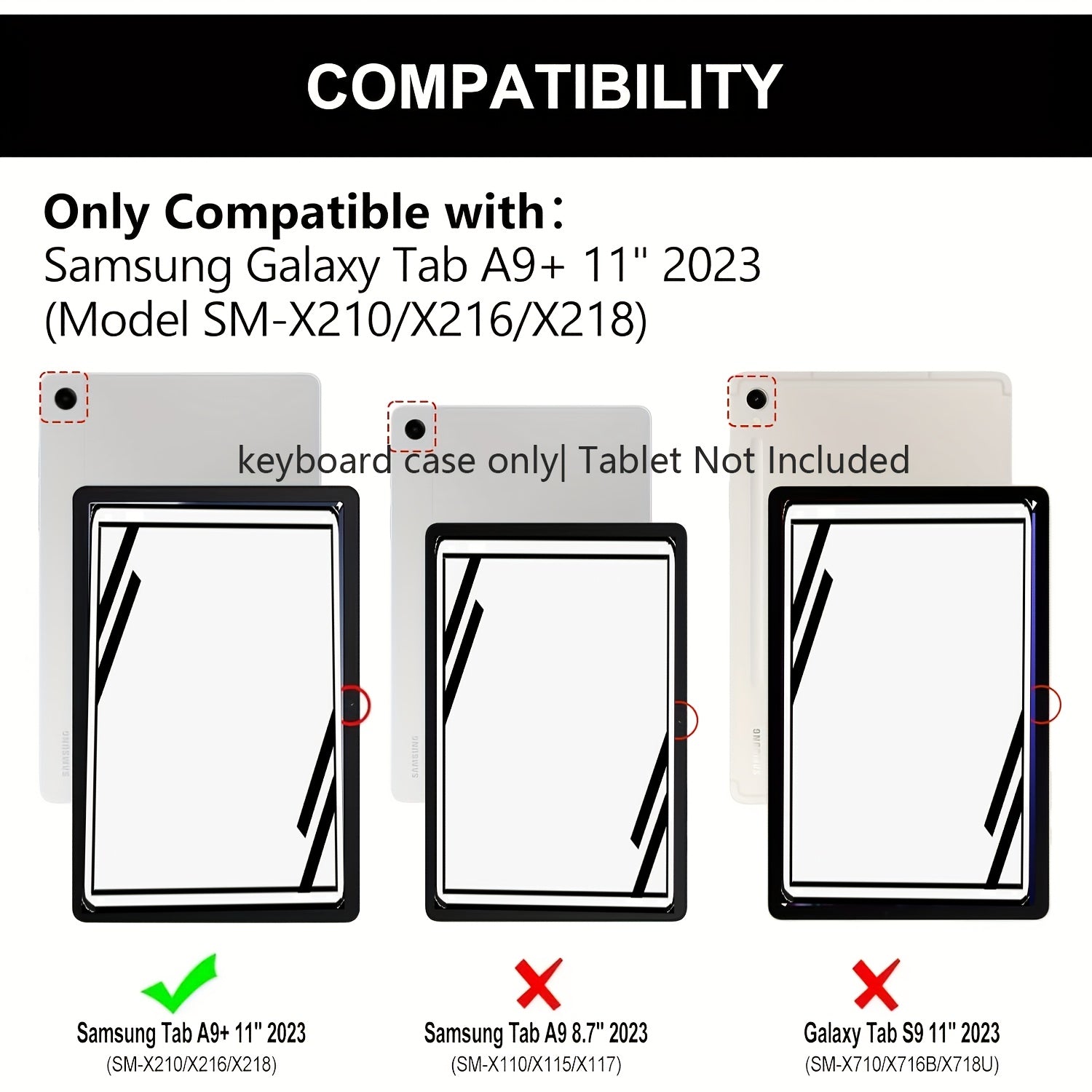 Only Tablet Case Applicable for Sumsung Galaxy Tab A9 Plus\u002FA9+ 5G 11-inch (SM-X210\u002FX216\u002FX218), Detachable Wireless Keyboard, Smart Double-opening Cover, Soft Protective Case, Automatic Sleep\u002Fwake-up