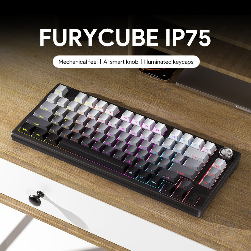 FURYCUBE IP75 Sealed Mechanical Keyboard with Knob, 75% USB-C Gaming Keyboard, Five-Layer Thickened Padding, RGB Lighting, 5000Mah Battery, Hot-Swappable Side-Printed PBT Keycaps (Black Gradient) Holiday Gift