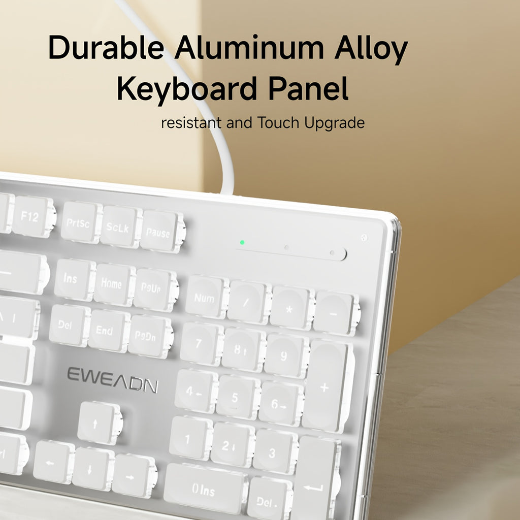 EWEADN GX710S Illuminated Computer Keyboards, Wired USB Keyboard Featuring White Backlighting, Metal Surface, Easy Plug And Play, Pudding Keycaps Full Size Silent Computer Keyboard for Windows\u002FPc\u002FLaptop - White