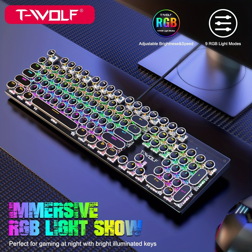Retro-Style Wired Gaming Keyboard Featuring a Metal Top, 104 Keys with Round Keycaps, And 9 Different Lighting Modes, Suitable for Both Gaming And Office Use, No Batteries Needed
