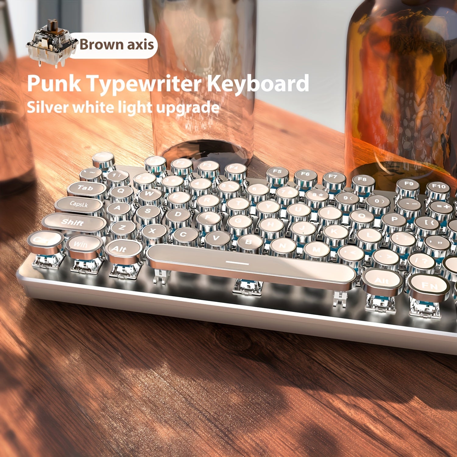 EWEADN Punk Typewriter Mechanical Gaming Keyboard • All-Metal Panel • 104Keys Wired • Punk Round Keycaps with LED Backlit • USB Wired Keyboards for Game and Office • for Windows Laptop PC • White Blue Switches