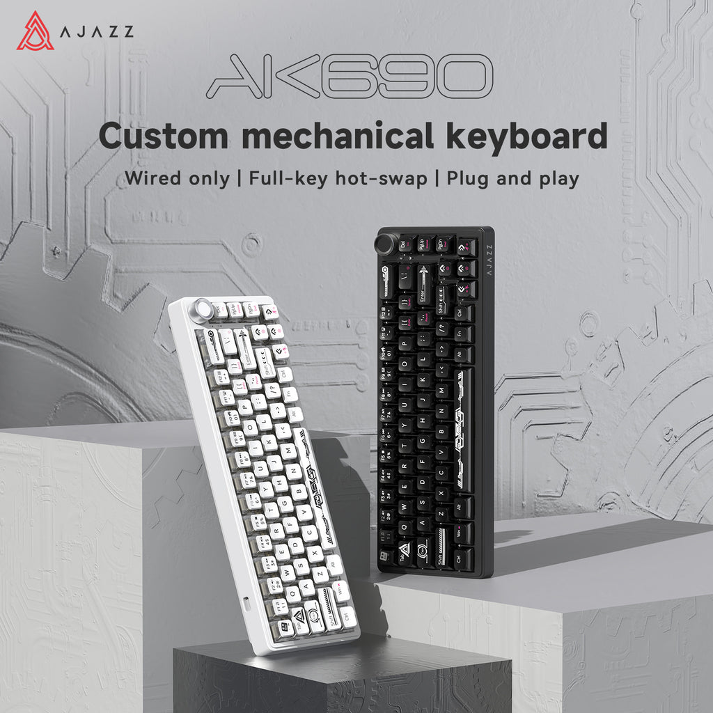 AJAZZ AK690 Wired  Mechanical Keyboard, Full Hot-Swappable Keys, Multi-Function Metal Knob, Plug-and-Play Wired Connection. Matte Texture Keycaps. Adjustable Dual-Layer Wrist Rest. Multicolor Backlighting