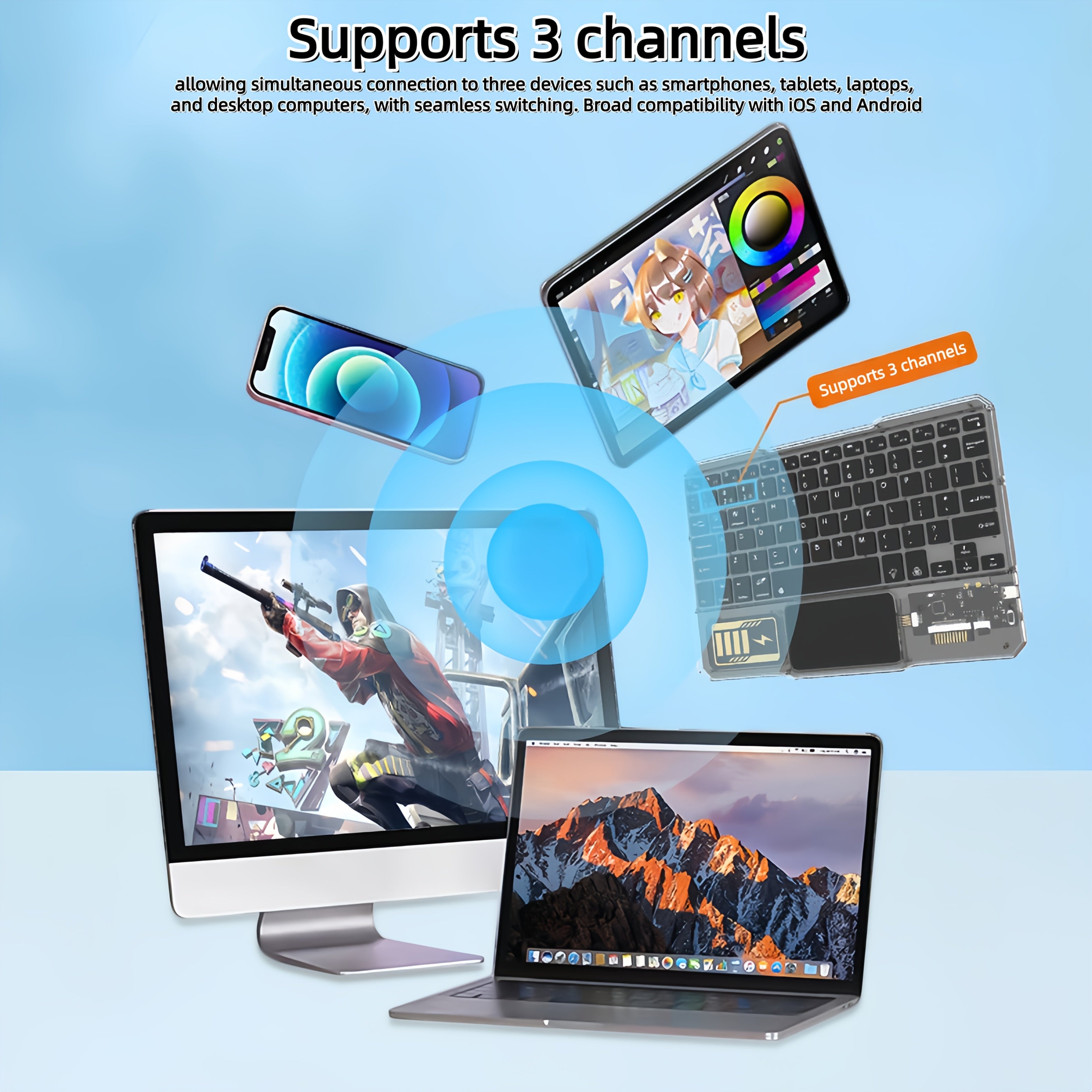 Mechanical Street Style Wireless Keyboard and Mouse That Features Transparent Acrylic Design, RGB Backlighting, And Multi-touch Touchpad.Support 10-inch Compact Mini Size with Triple-channel Connectivity.Simultaneously Pairs with Phone