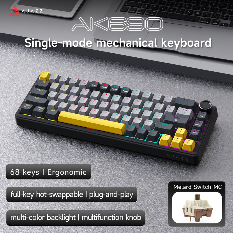 AJAZZ AK690 Wired  Mechanical Keyboard, Full Hot-Swappable Keys, Multi-Function Metal Knob, Plug-and-Play Wired Connection. Matte Texture Keycaps. Adjustable Dual-Layer Wrist Rest. Multicolor Backlighting
