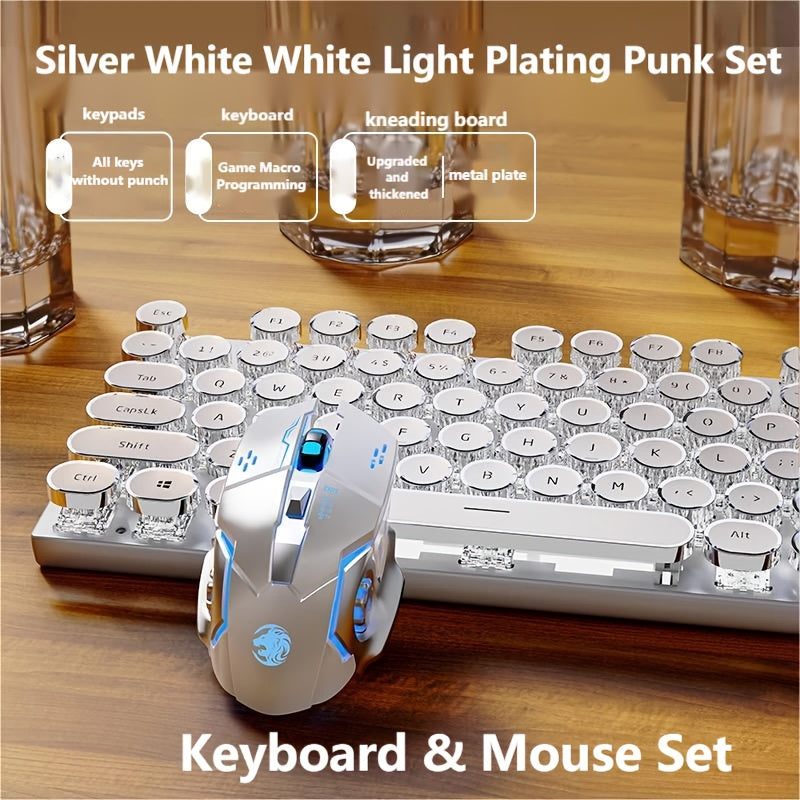 Typewriter Mechanical Gaming Keyboard And Mouse Combo | Full Metal Panel 104-Key Full-Size Numeric Keypad, Retro Punk Round Keycaps With Led Color Backlighting, Usb Wired Old-Style Keyboard, Windows Laptop Blue Switch (Blue) Christmas Gift