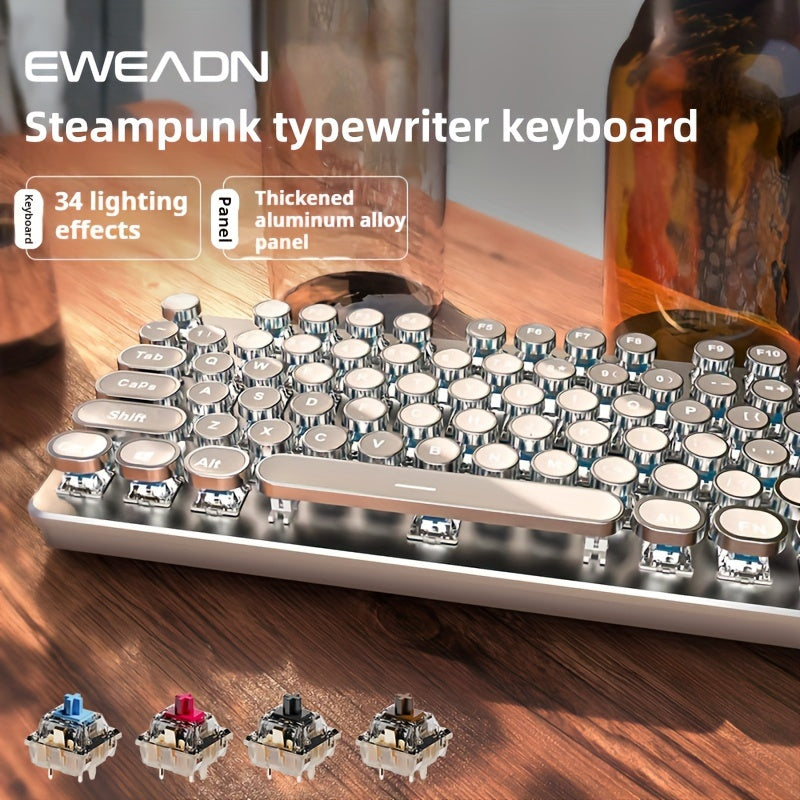 EWEADN Punk Typewriter Mechanical Gaming Keyboard • All-Metal Panel • 104Keys Wired • Punk Round Keycaps with LED Backlit • USB Wired Keyboards for Game and Office • for Windows Laptop PC • White Blue Switches