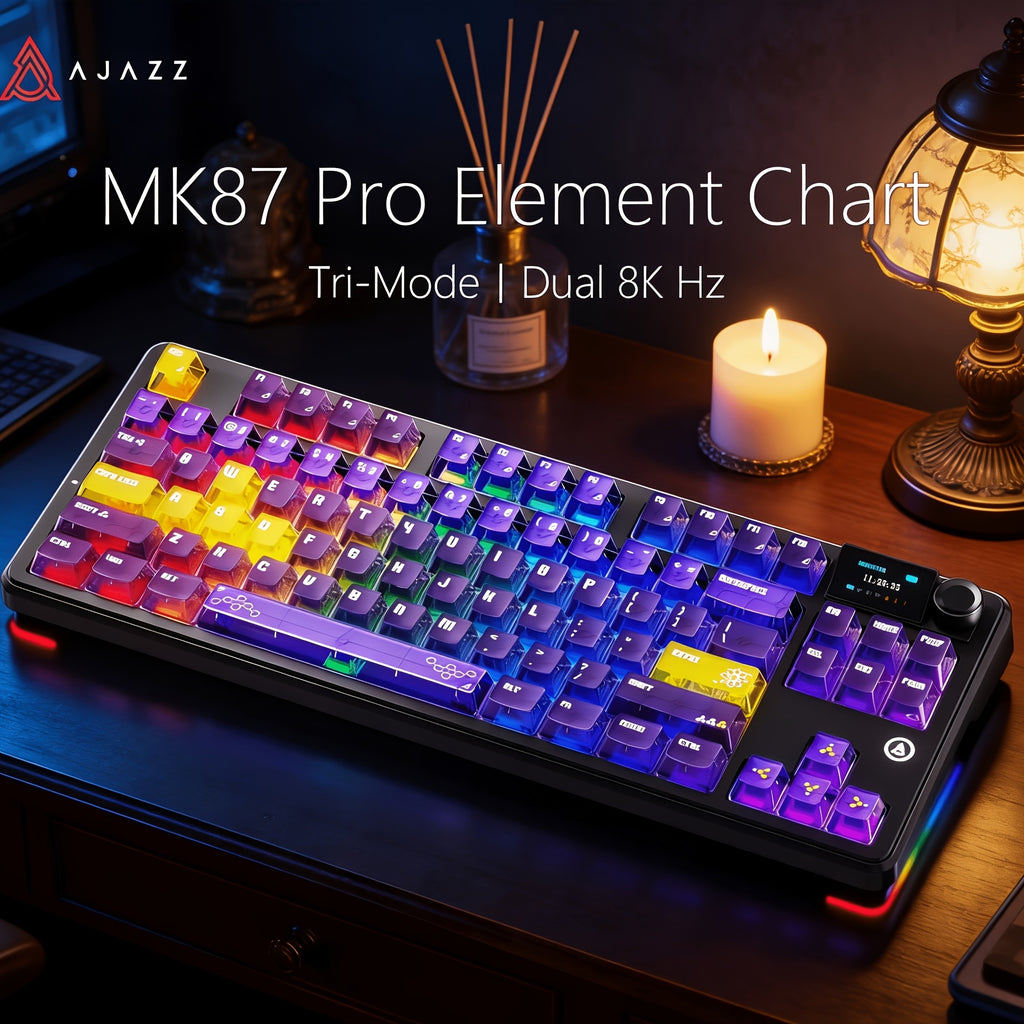 AJAZZ MK87 Pro (Dual 8K Edition)87-key Compact Layout, Soft And Bouncy Typing Feel 1.14-inch Pluggable TFT Color Screen + Metal Volume Knob Tri-mode Connection RGB Lighting Creates A Strong Ambient Effect Under The Transparent Keycaps